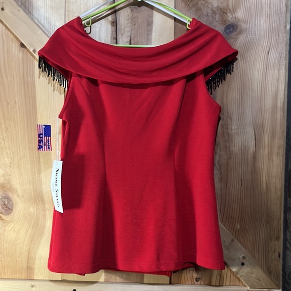 NWT Nicole Studio New York size 12 blouse red with black beaded fringe - Picture 4 of 6